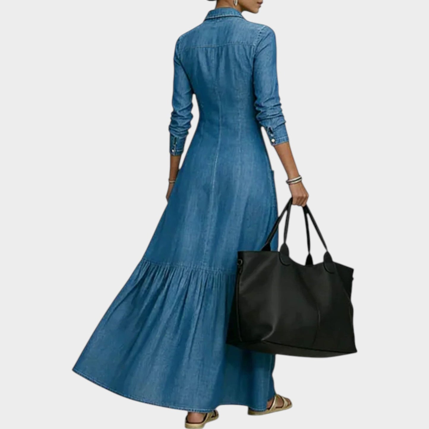 Casmyn | Deep V-Neck Denim Shirt Collar Tiered Maxi Dress with Pockets