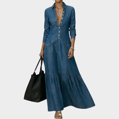 Casmyn | Deep V-Neck Denim Shirt Collar Tiered Maxi Dress with Pockets