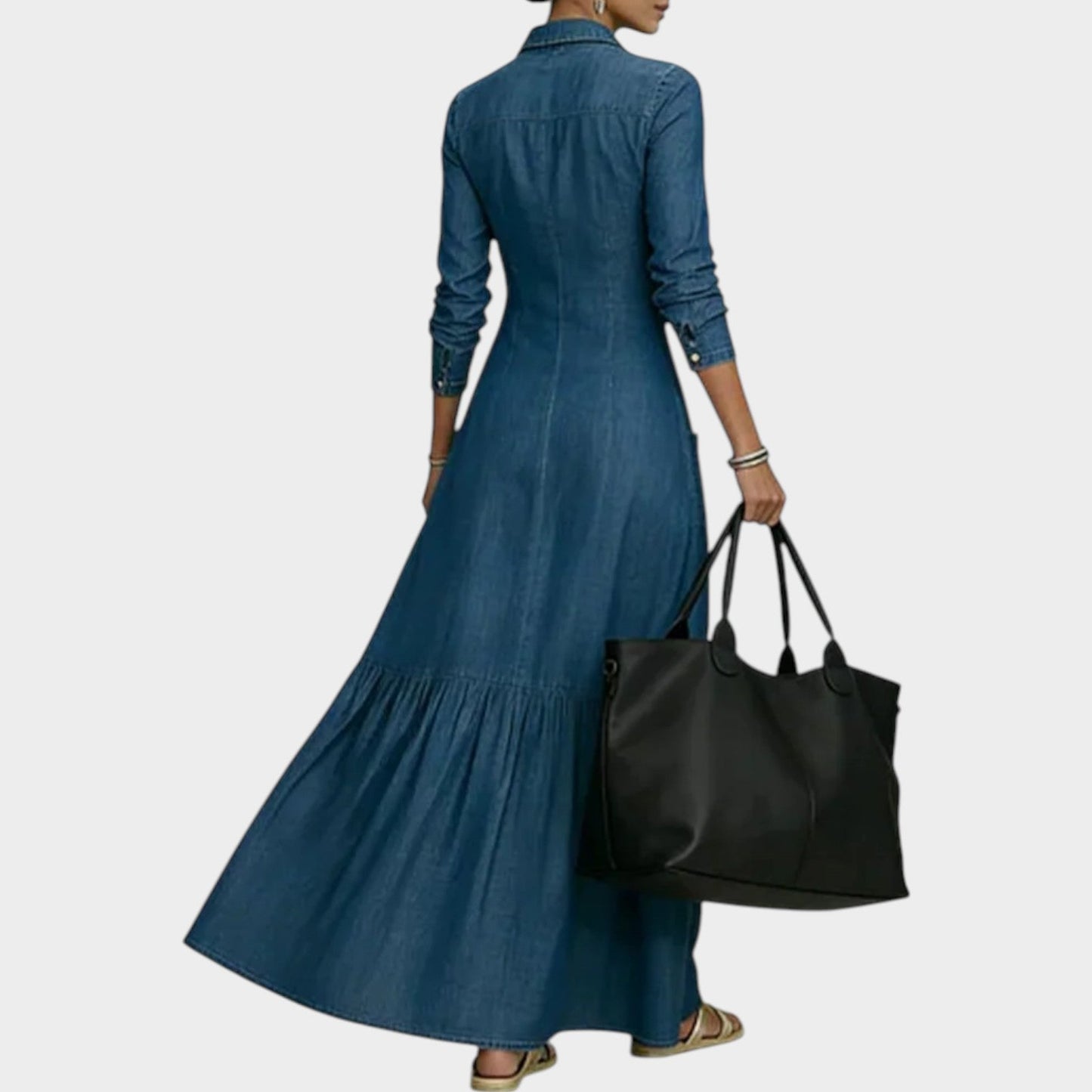 Casmyn | Deep V-Neck Denim Shirt Collar Tiered Maxi Dress with Pockets