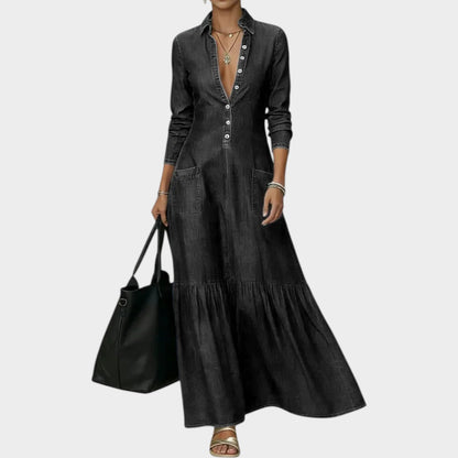 Casmyn | Deep V-Neck Denim Shirt Collar Tiered Maxi Dress with Pockets