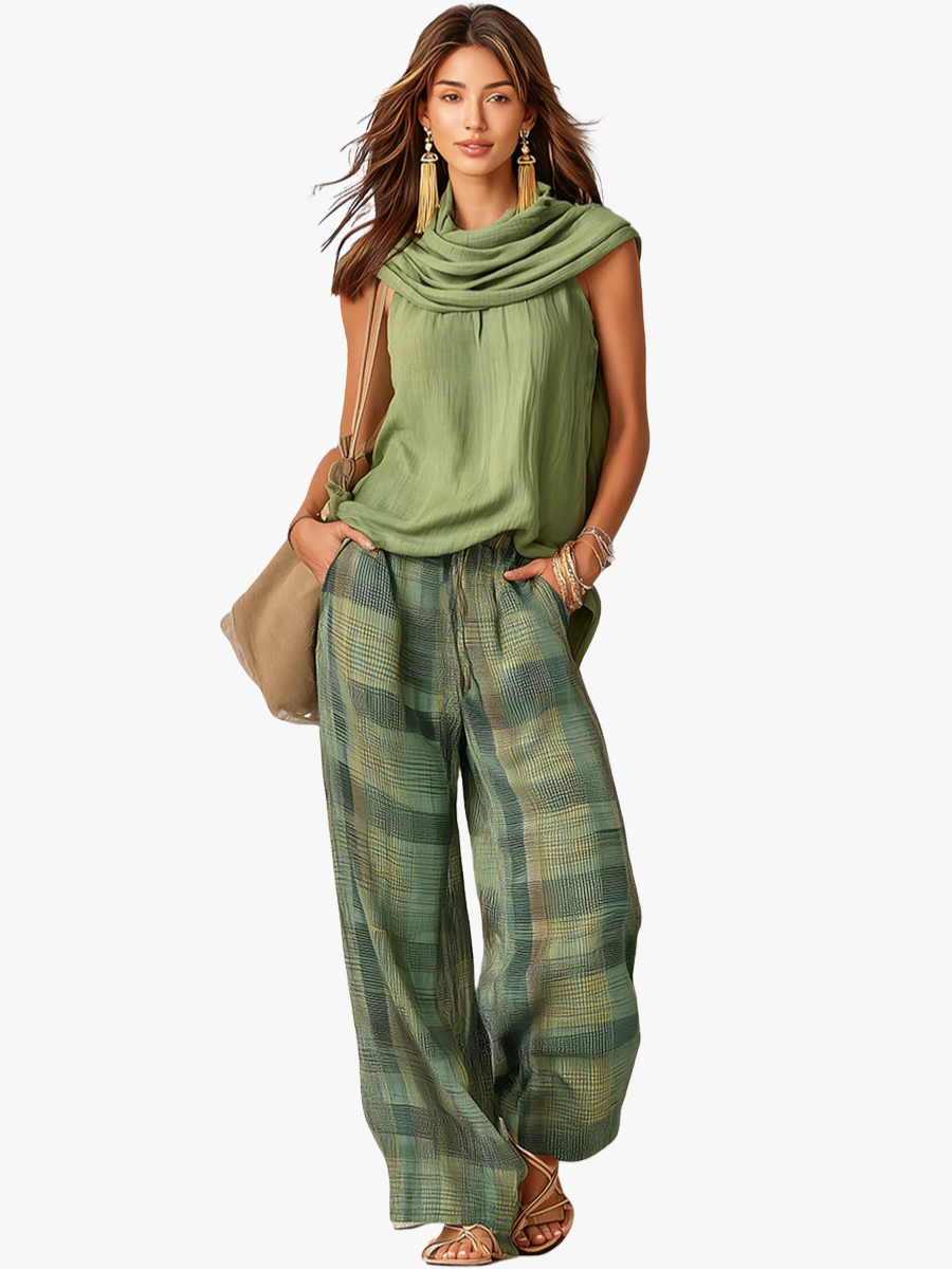 Aurevia | Draped Blouse And Wide Leg Trouser Set