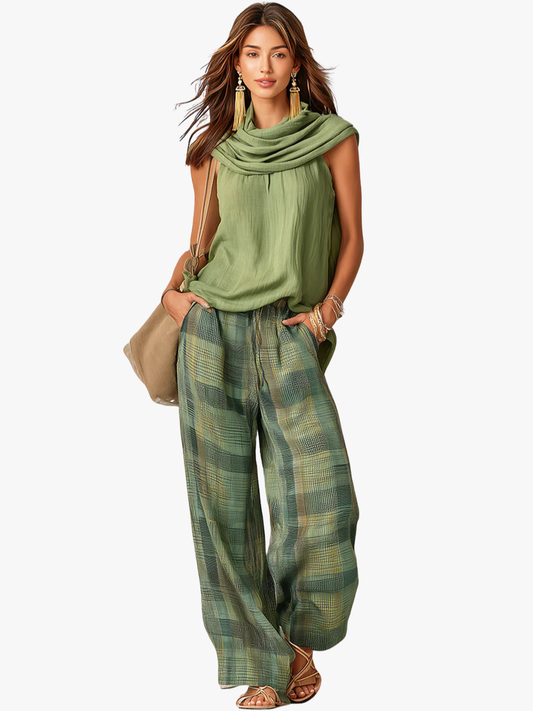 Aurevia | Draped Blouse And Wide Leg Trouser Set