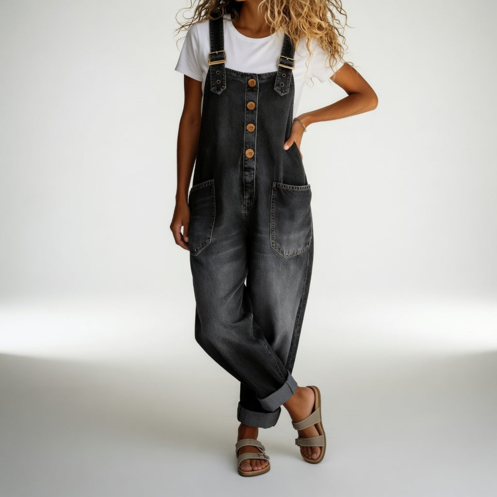 Zyvessa | Button Front Denim Wide Leg Jumpsuit