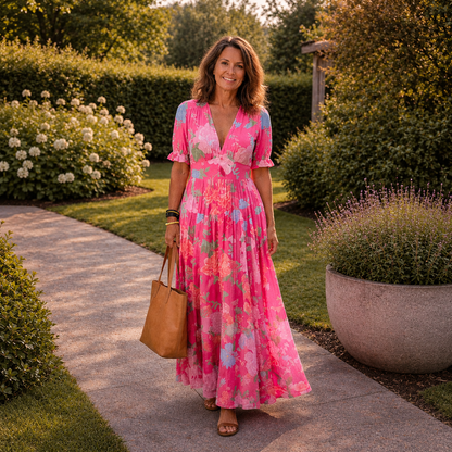 Elysianne | Floral Pleated V Neck Maxi Dress