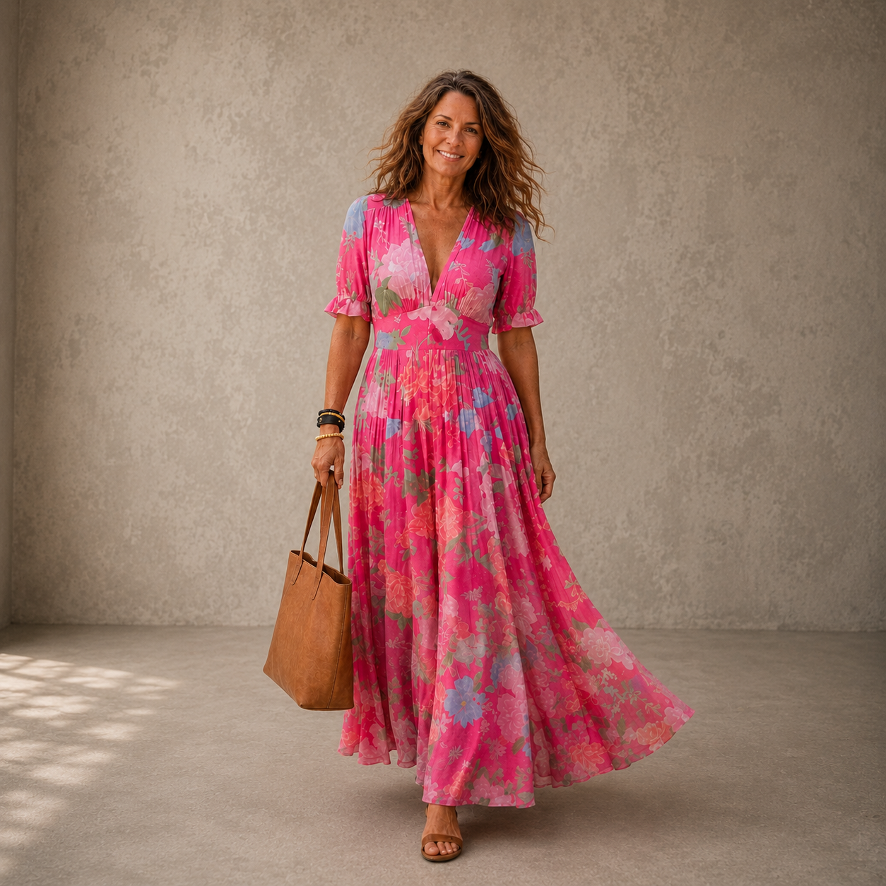 Elysianne | Floral Pleated V Neck Maxi Dress