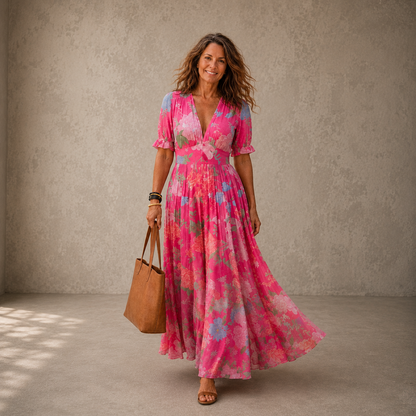 Elysianne | Floral Pleated V Neck Maxi Dress