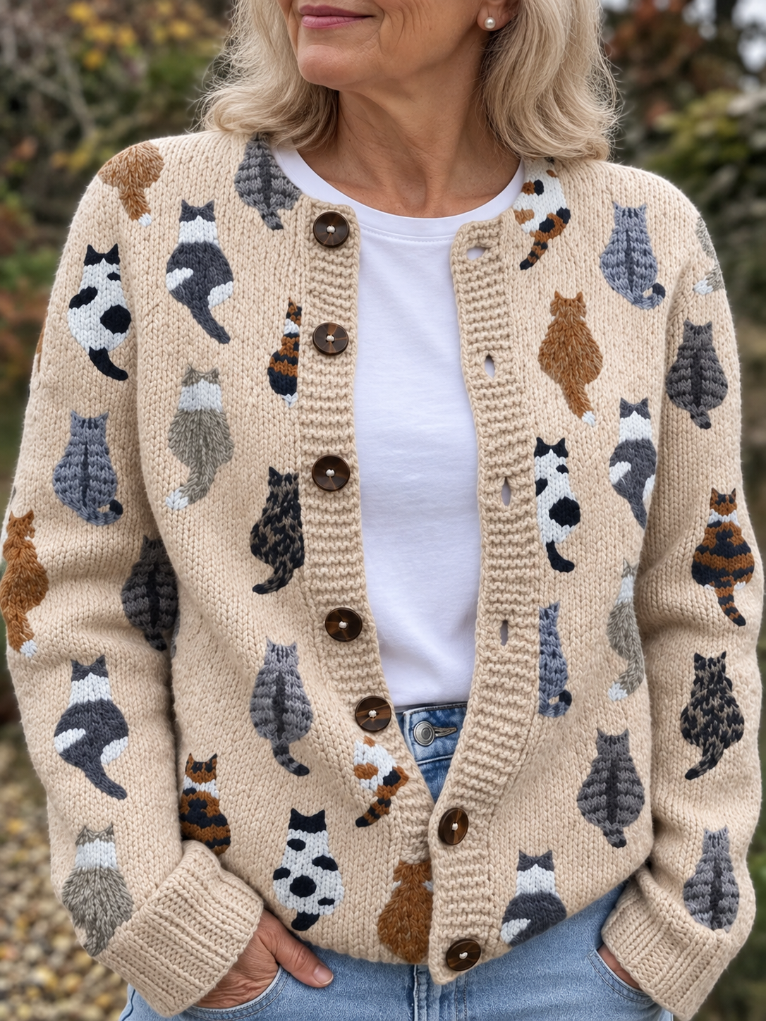 Zosia | Cat Motif Crew Neck Cardigan