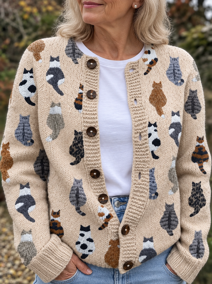 Zosia | Cat Motif Crew Neck Cardigan