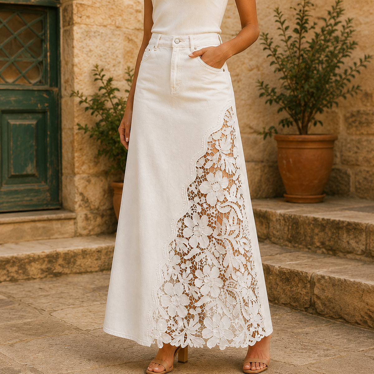 Isaline | Embroidered Lace Panel Maxi Denim Skirt