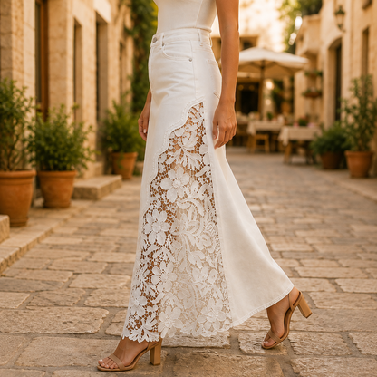 Isaline | Embroidered Lace Panel Maxi Denim Skirt
