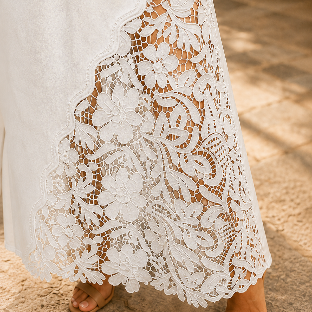 Isaline | Embroidered Lace Panel Maxi Denim Skirt