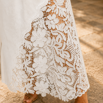 Isaline | Embroidered Lace Panel Maxi Denim Skirt