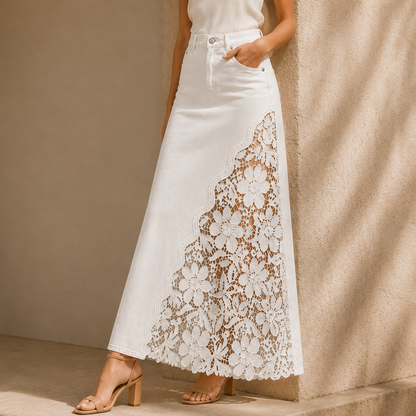Isaline | Embroidered Lace Panel Maxi Denim Skirt