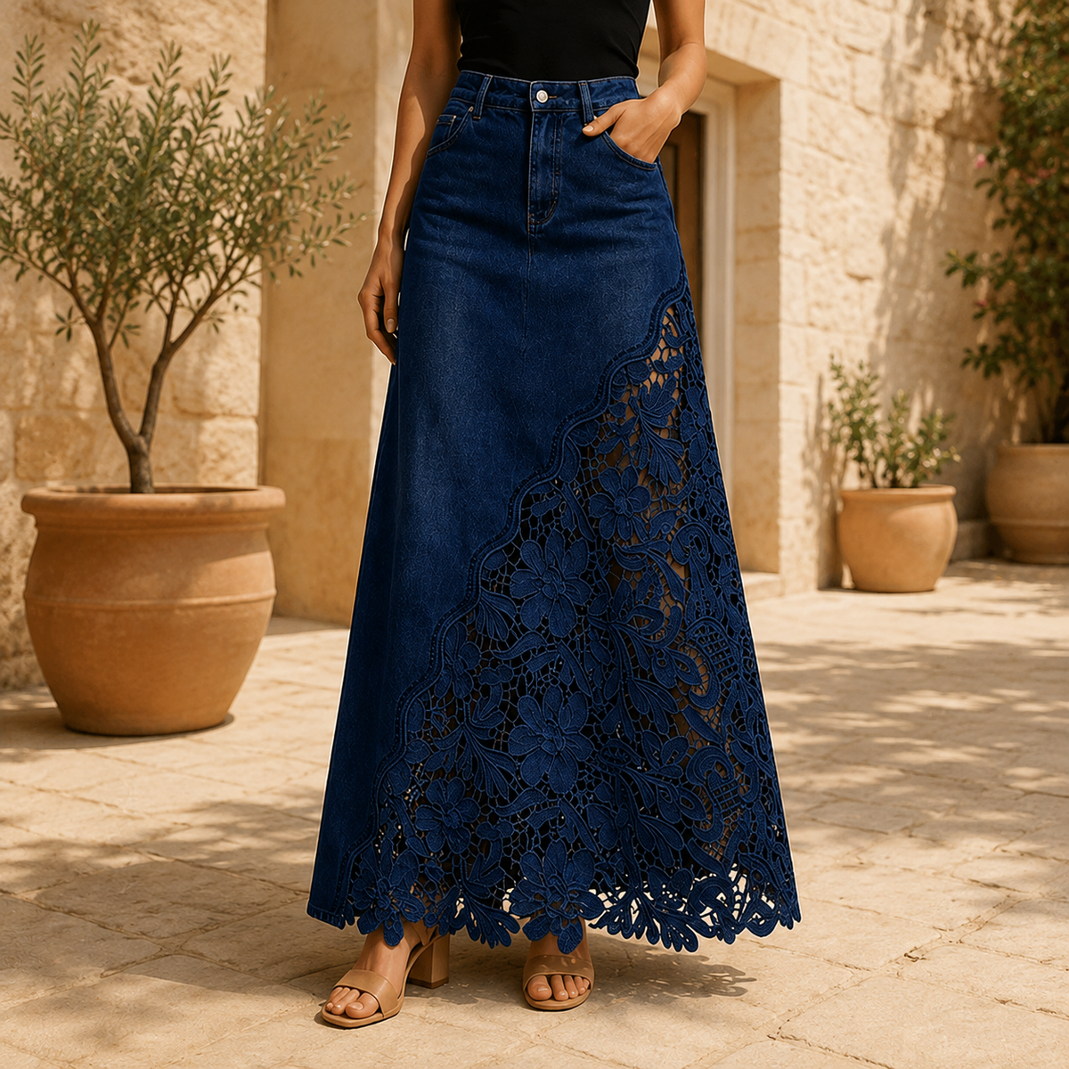 Isaline | Embroidered Lace Panel Maxi Denim Skirt