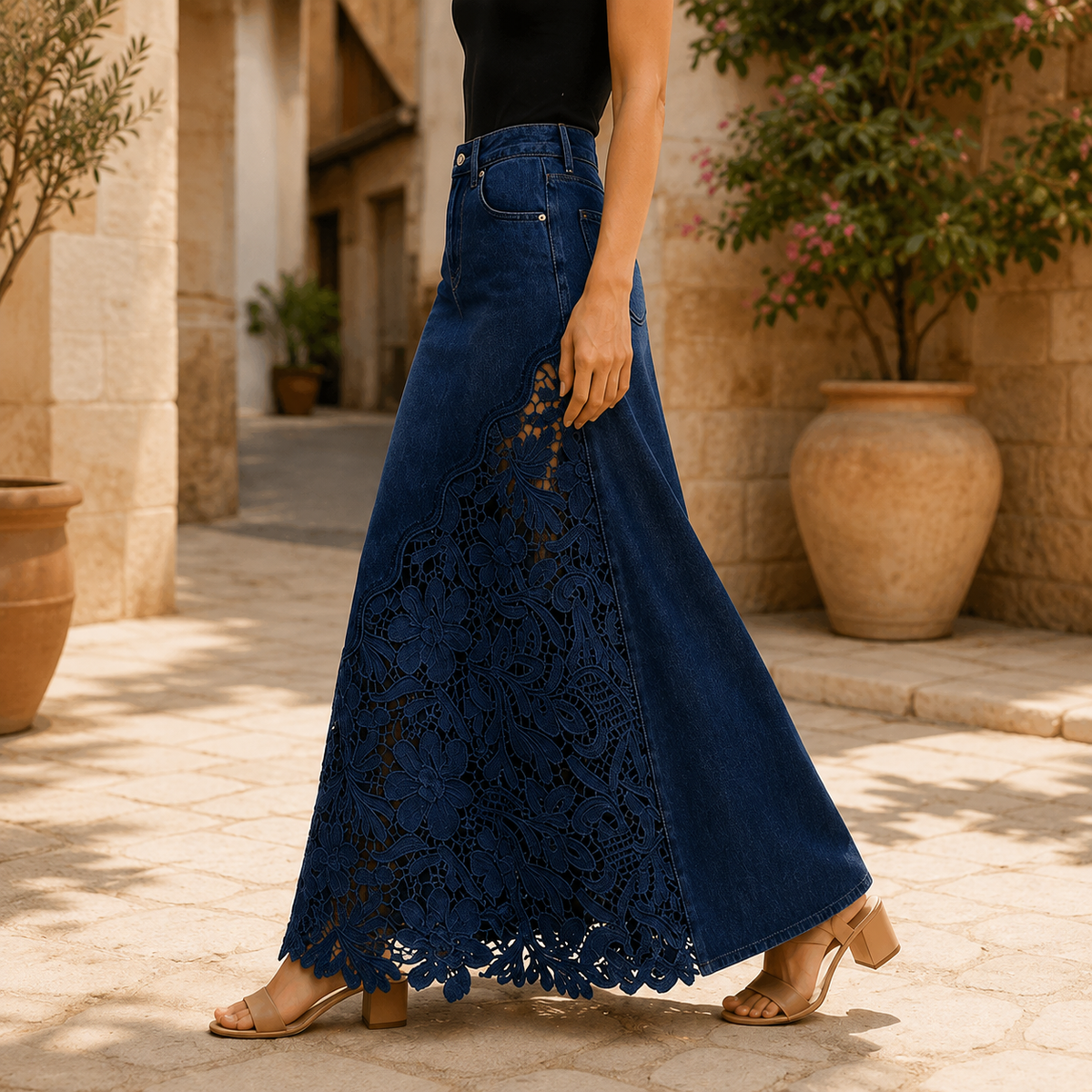 Isaline | Embroidered Lace Panel Maxi Denim Skirt