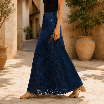 Isaline | Embroidered Lace Panel Maxi Denim Skirt