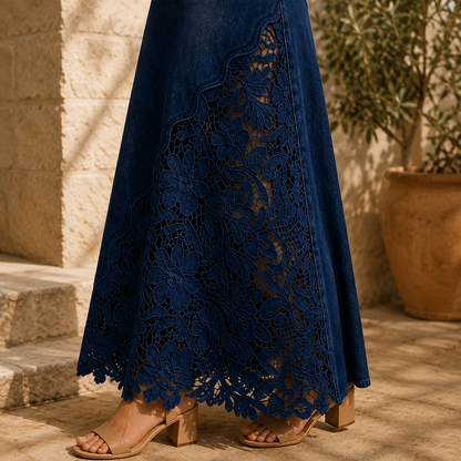 Isaline | Embroidered Lace Panel Maxi Denim Skirt