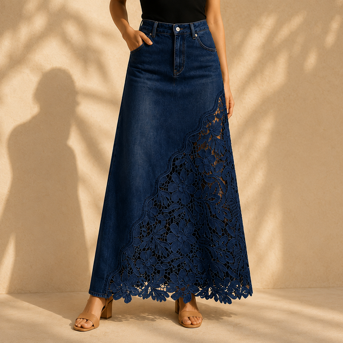 Isaline | Embroidered Lace Panel Maxi Denim Skirt