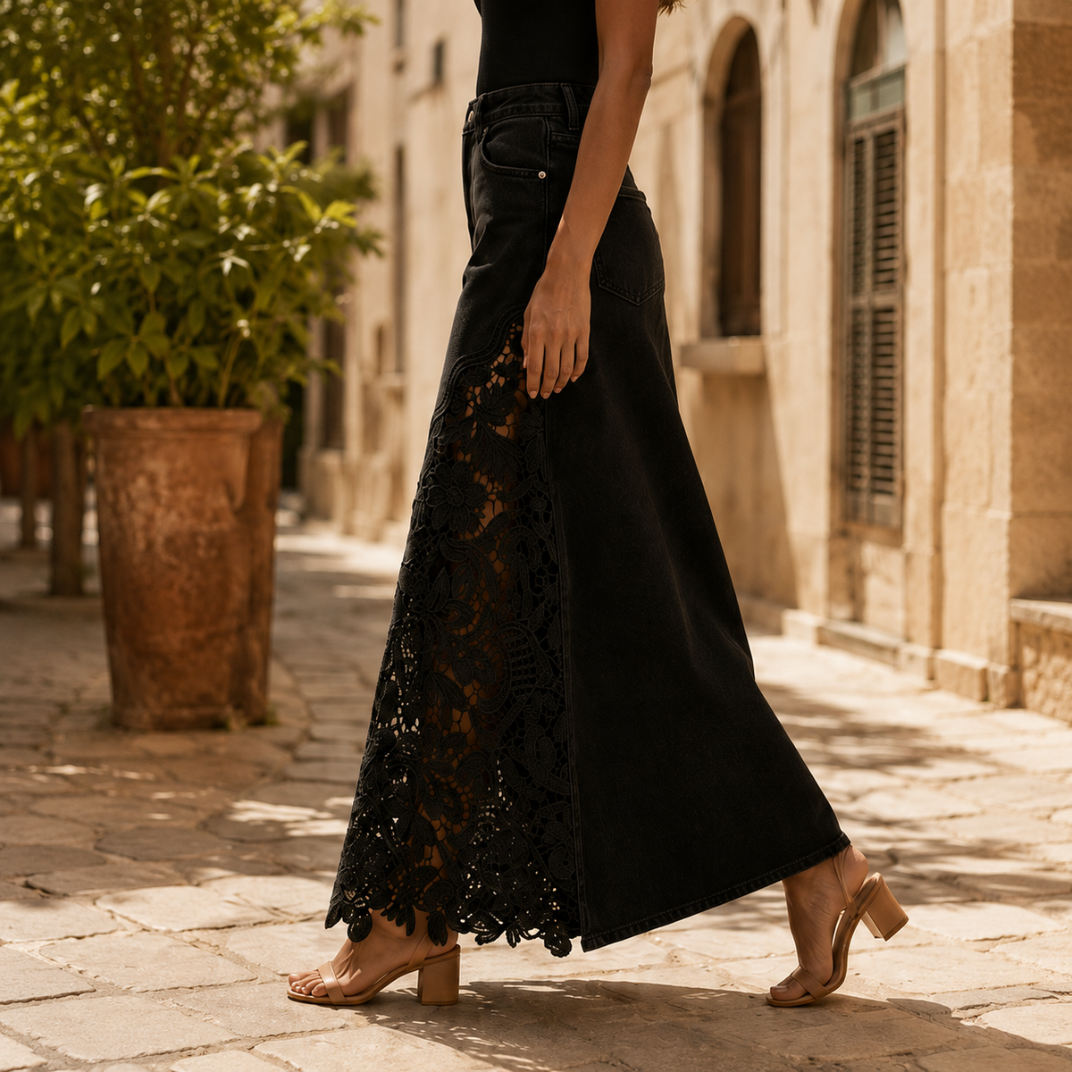 Isaline | Embroidered Lace Panel Maxi Denim Skirt