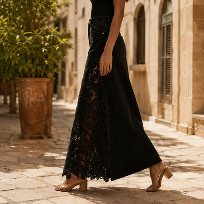 Isaline | Embroidered Lace Panel Maxi Denim Skirt
