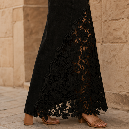 Isaline | Embroidered Lace Panel Maxi Denim Skirt