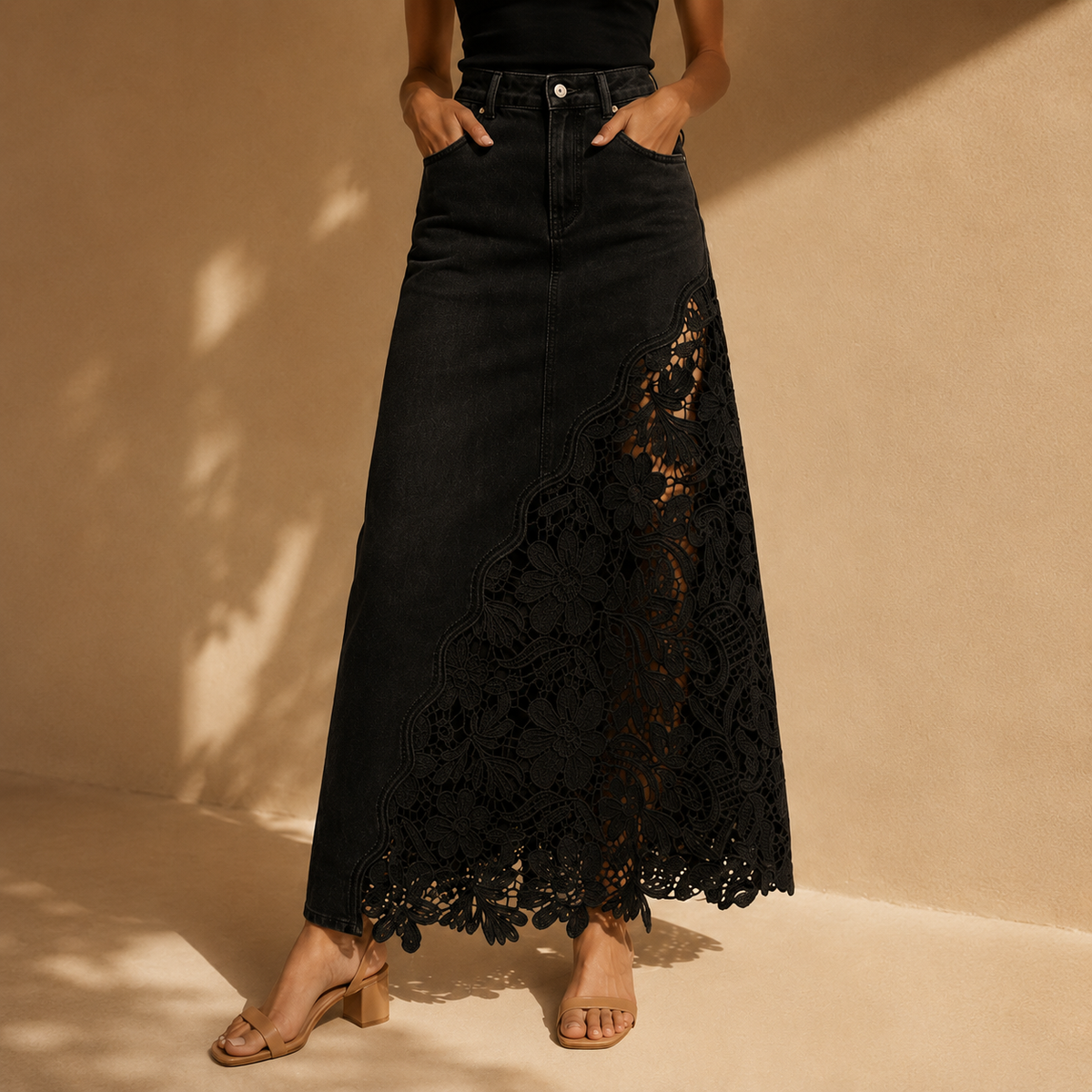 Isaline | Embroidered Lace Panel Maxi Denim Skirt