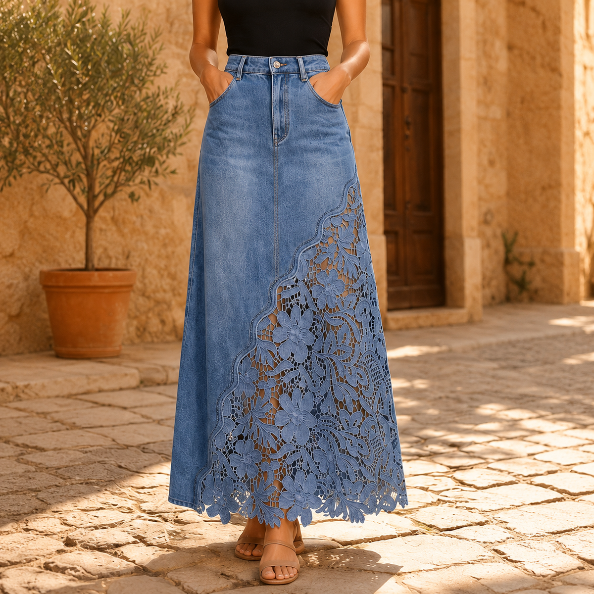 Isaline | Embroidered Lace Panel Maxi Denim Skirt