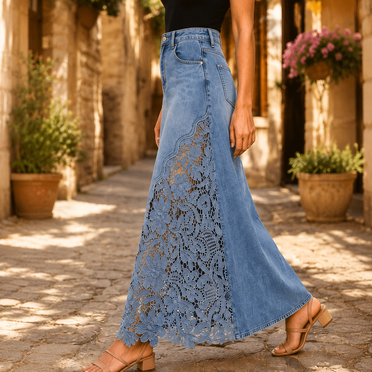 Isaline | Embroidered Lace Panel Maxi Denim Skirt
