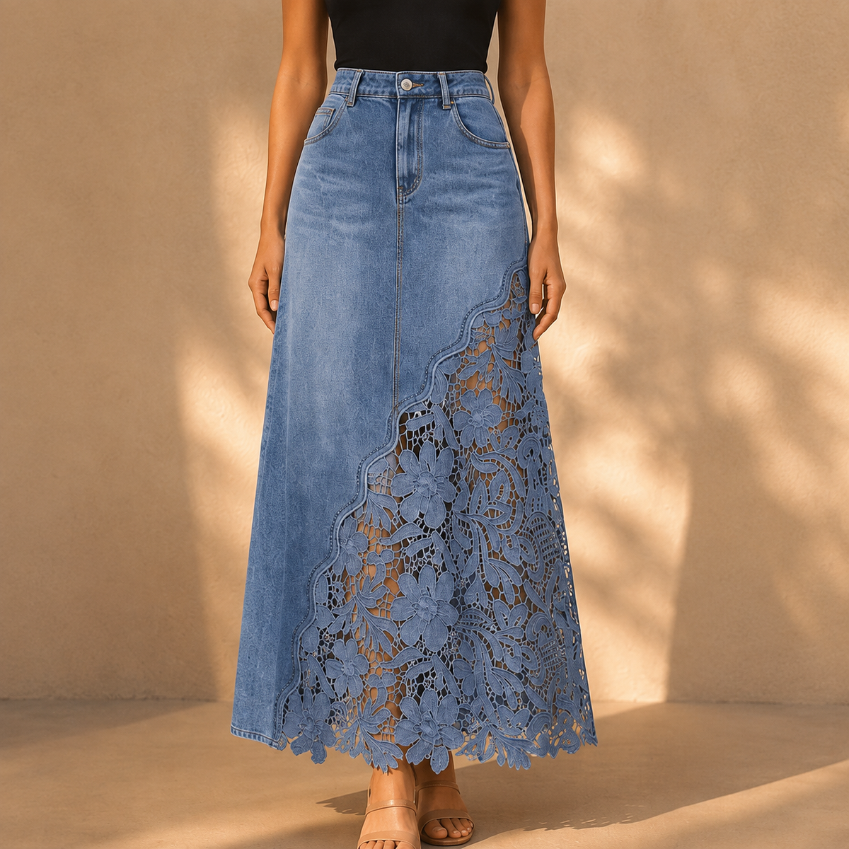 Isaline | Embroidered Lace Panel Maxi Denim Skirt