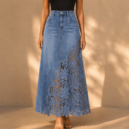 Isaline | Embroidered Lace Panel Maxi Denim Skirt