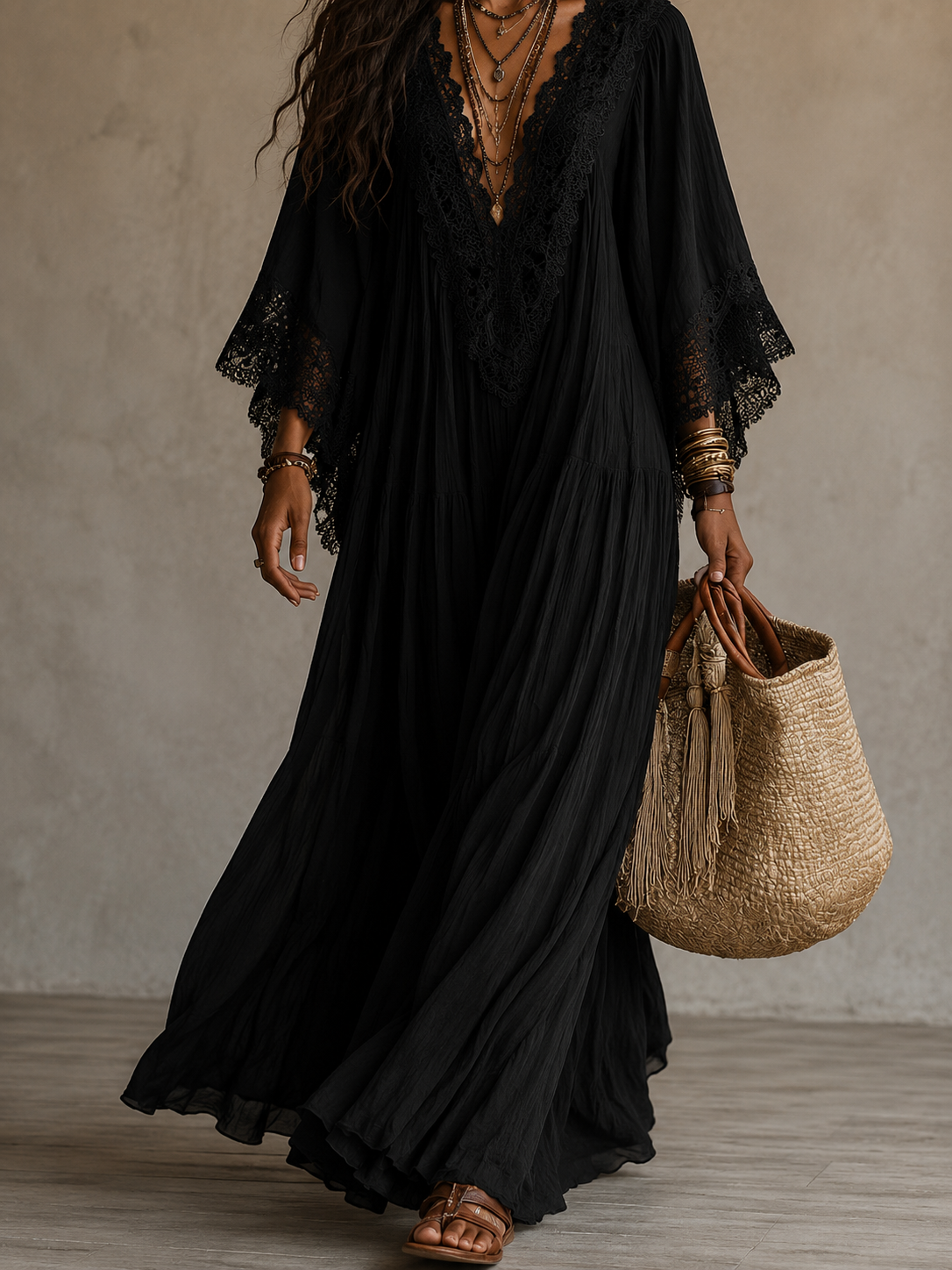 Quintessa | Bohemian Lace V Neck Maxi Dress