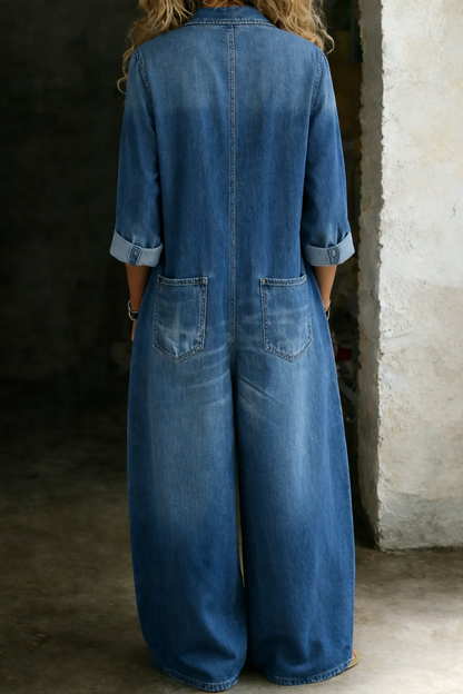 Avenoria | Button Front Denim Wide Leg Jumpsuit
