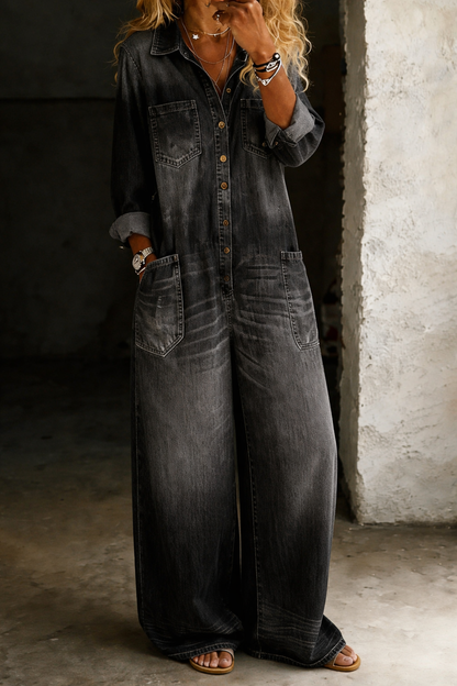 Avenoria | Button Front Denim Wide Leg Jumpsuit