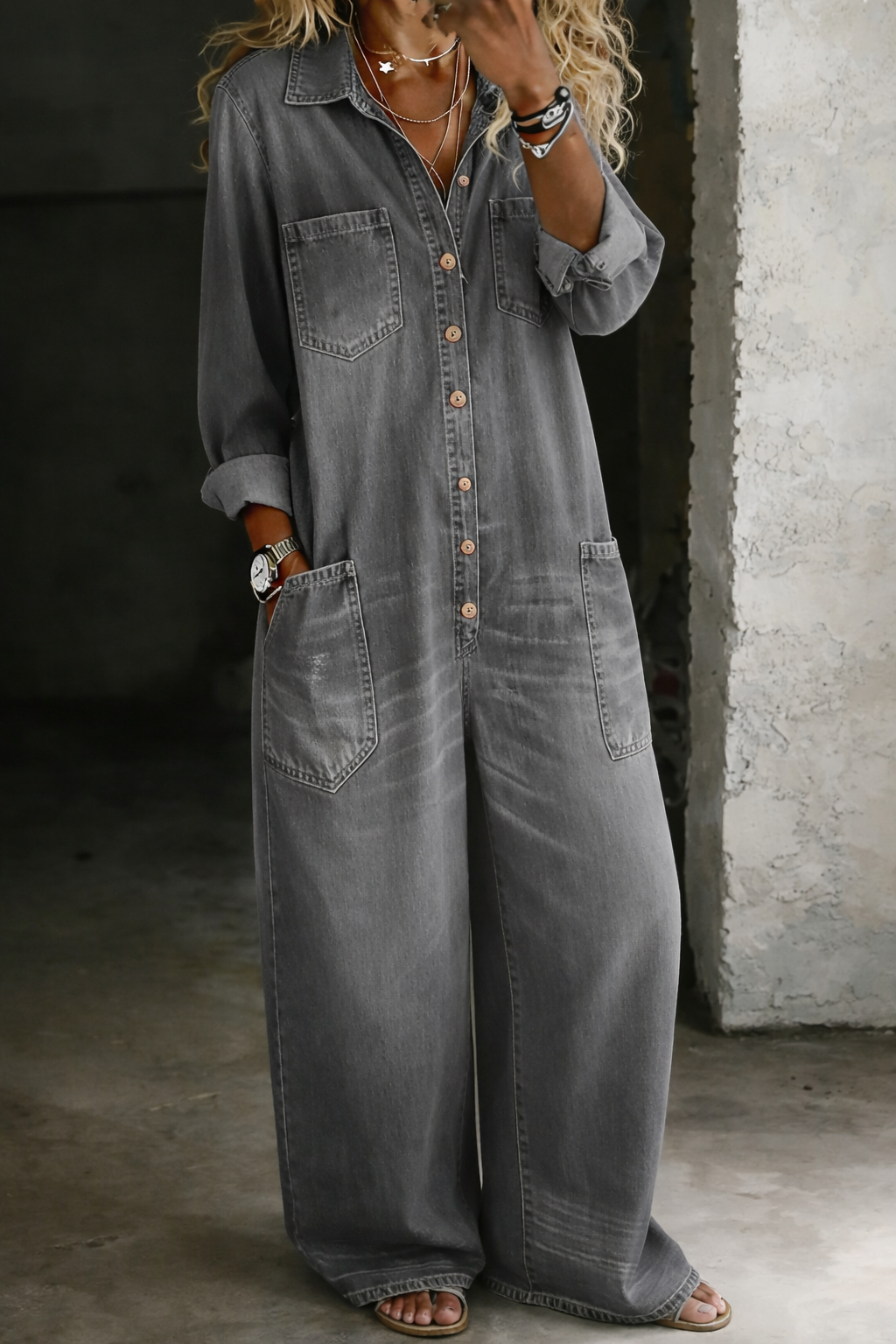 Avenoria | Button Front Denim Wide Leg Jumpsuit