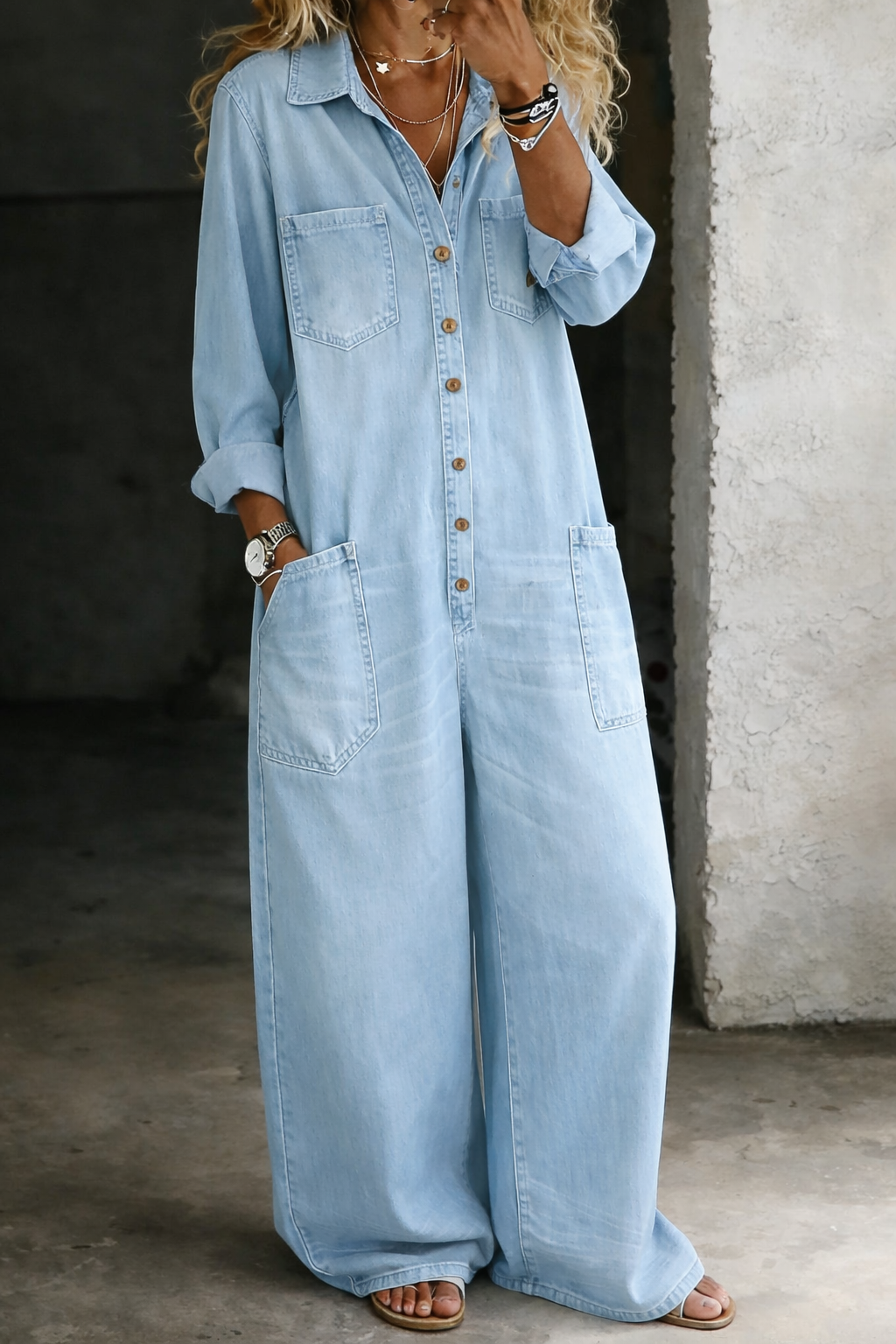 Avenoria | Button Front Denim Wide Leg Jumpsuit