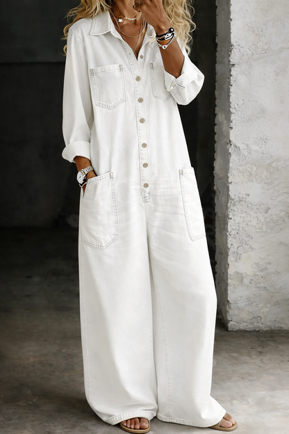 Avenoria | Button Front Denim Wide Leg Jumpsuit
