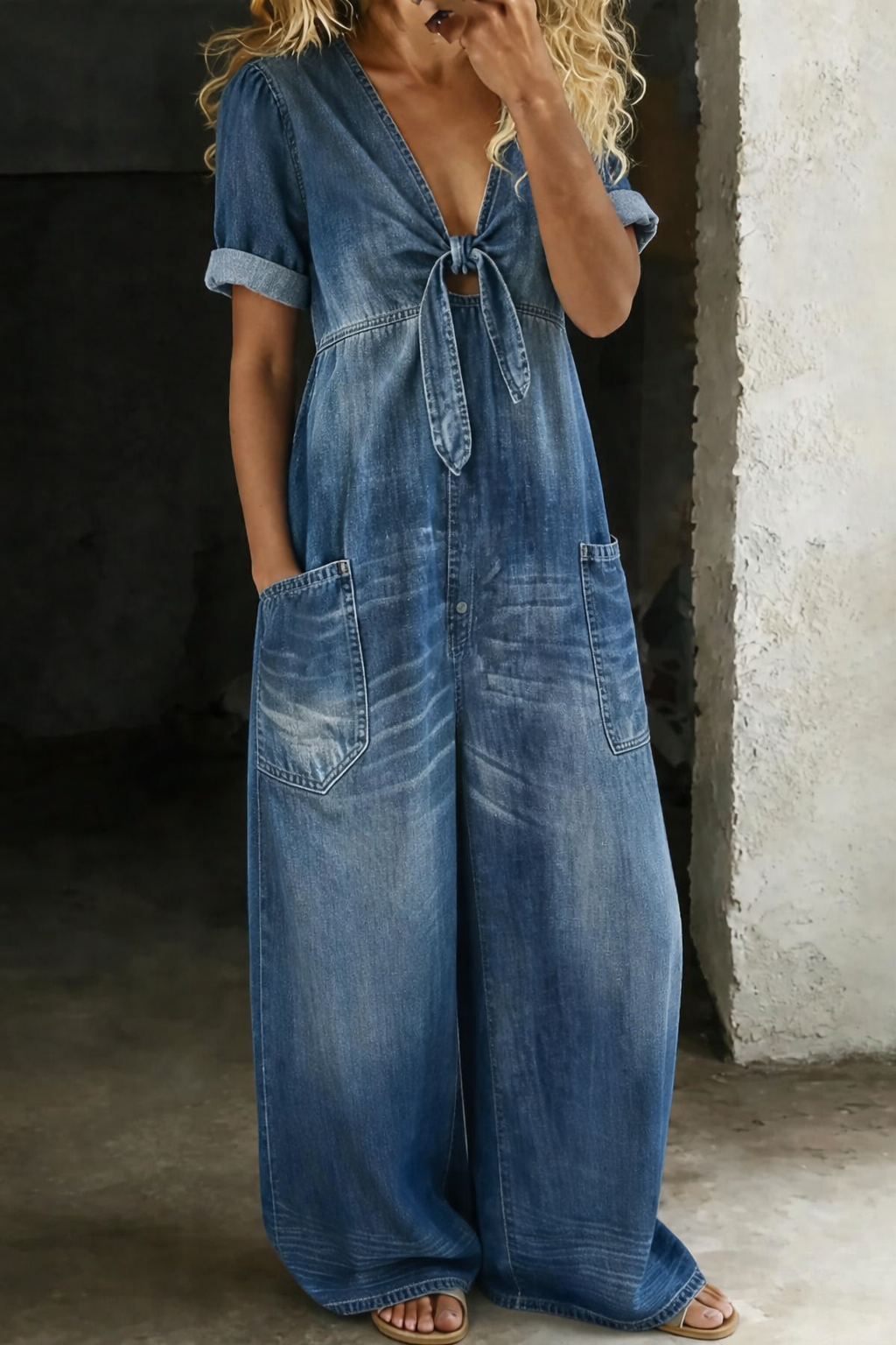 Faelisse | Tie Front Denim Wide Leg Jumpsuit