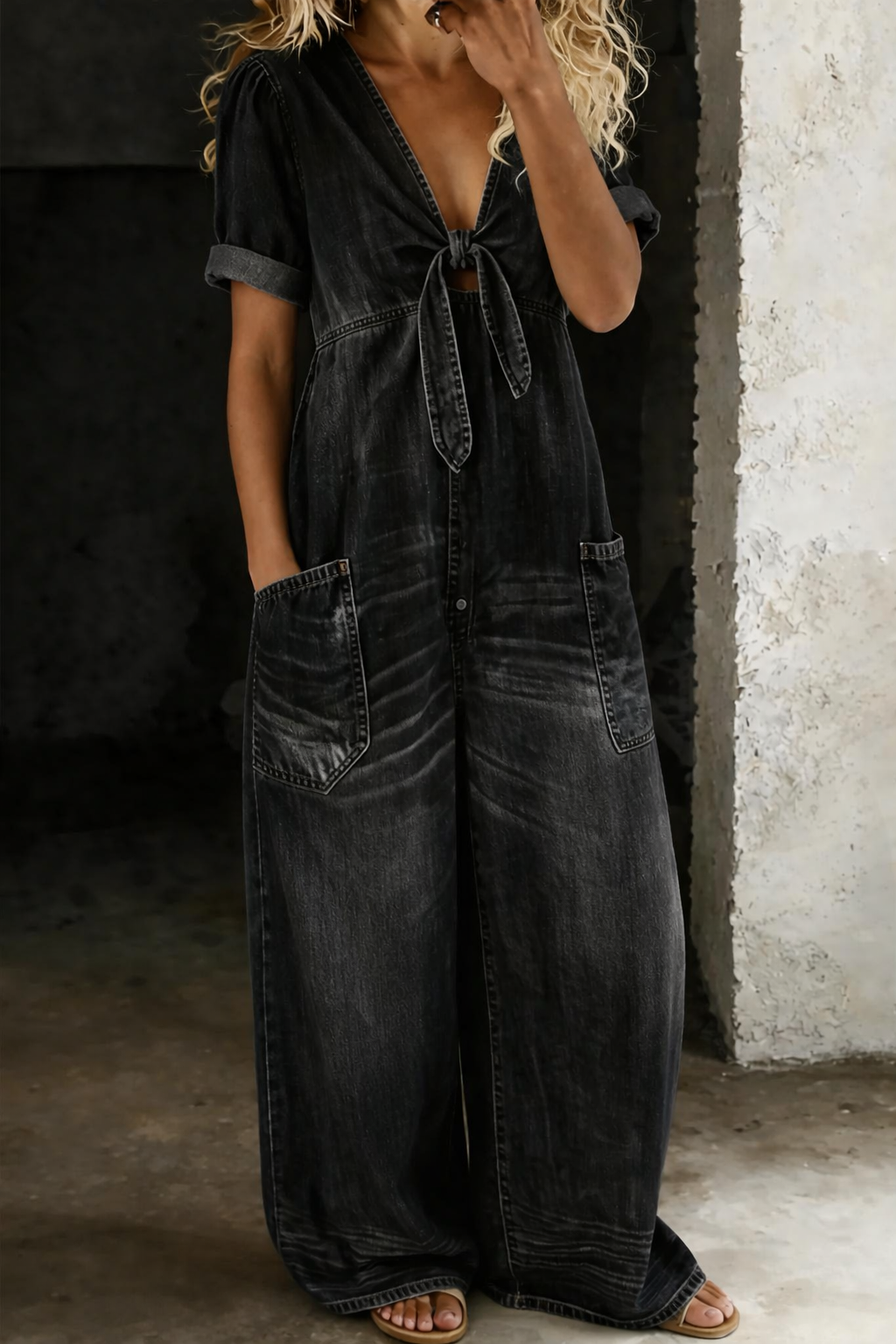 Faelisse | Tie Front Denim Wide Leg Jumpsuit