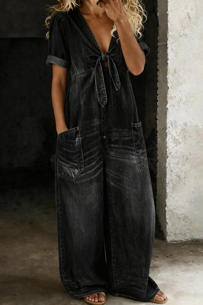 Faelisse | Tie Front Denim Wide Leg Jumpsuit