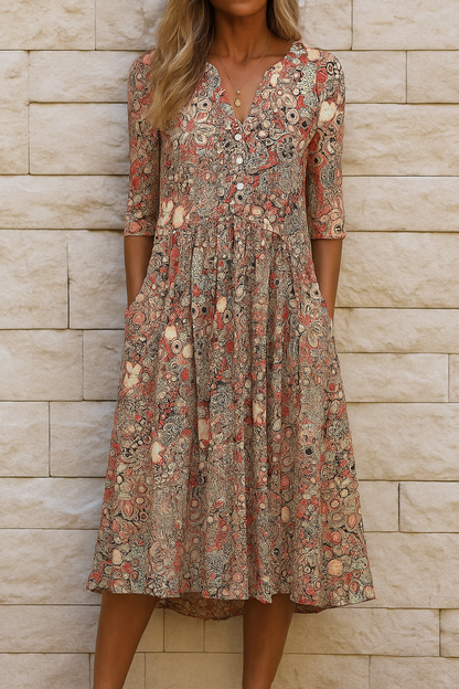 Elyravelle | Printed Button Front Midi Dress