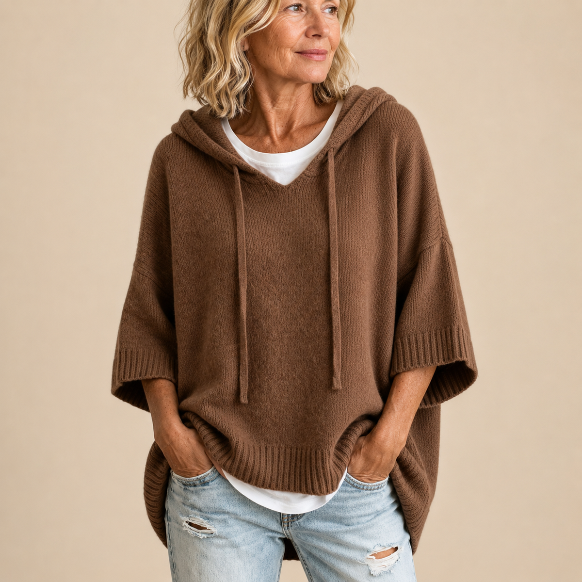 Rovenna | Relaxed Drop Shoulder Knit Hoodie