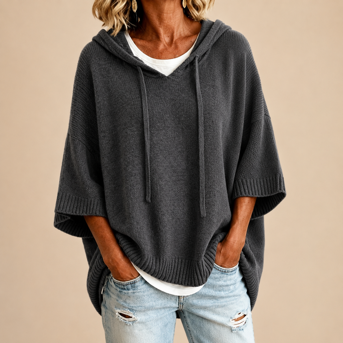 Rovenna | Relaxed Drop Shoulder Knit Hoodie