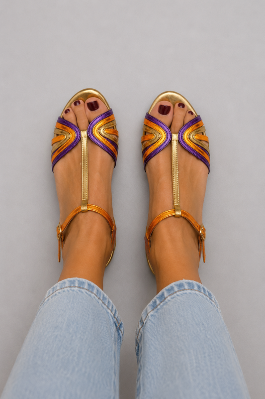 Saffira | Metallic T Strap Flat Sandals