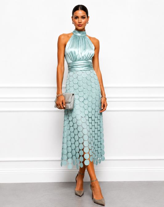 Giovelle | Satin Neck Evening Midi Dress
