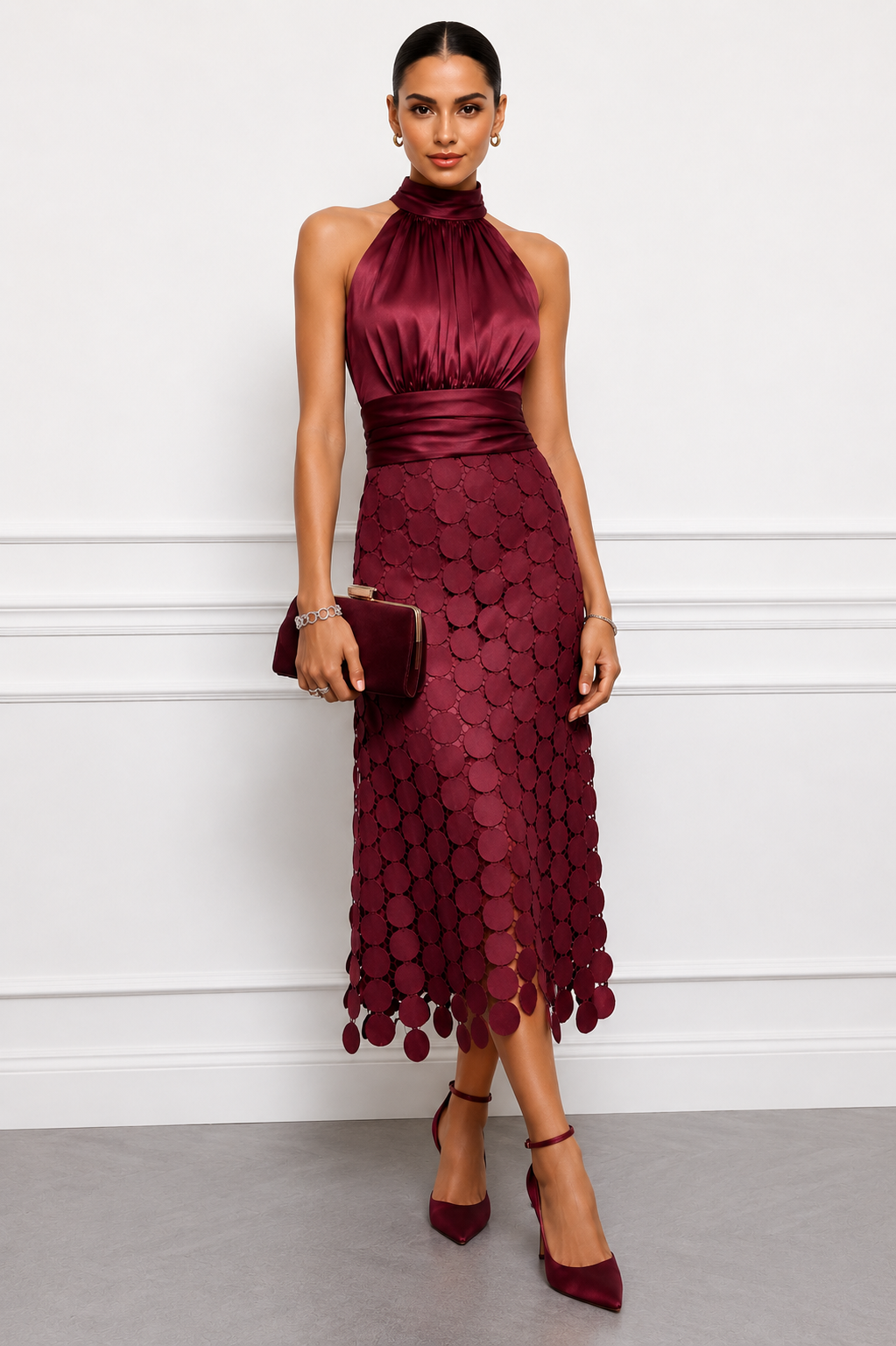 Giovelle | Satin Neck Evening Midi Dress