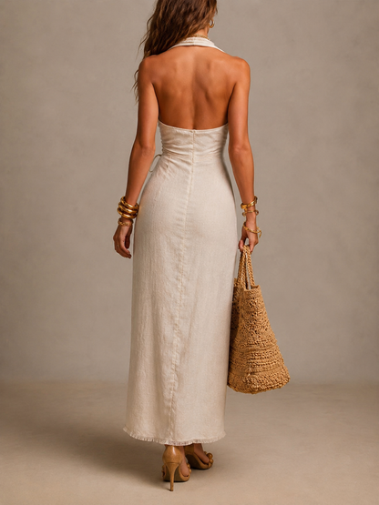 Alessara | Ruched Wrap Linen Maxi Dress