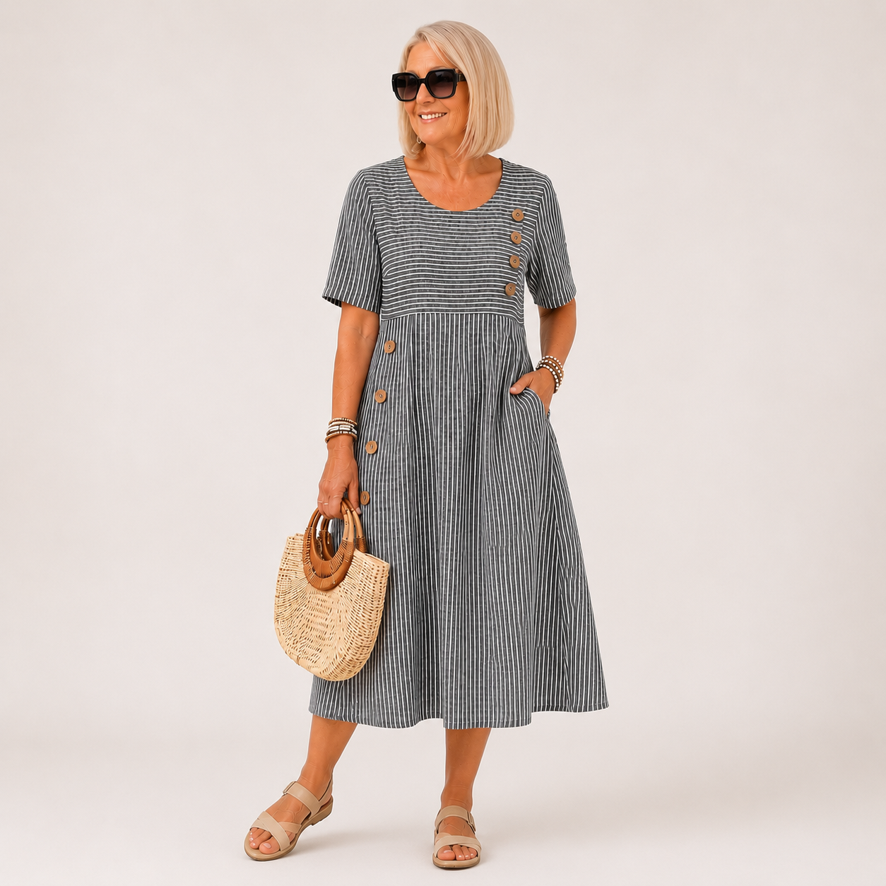 Phaedra | Striped Button Detail Midi Dress