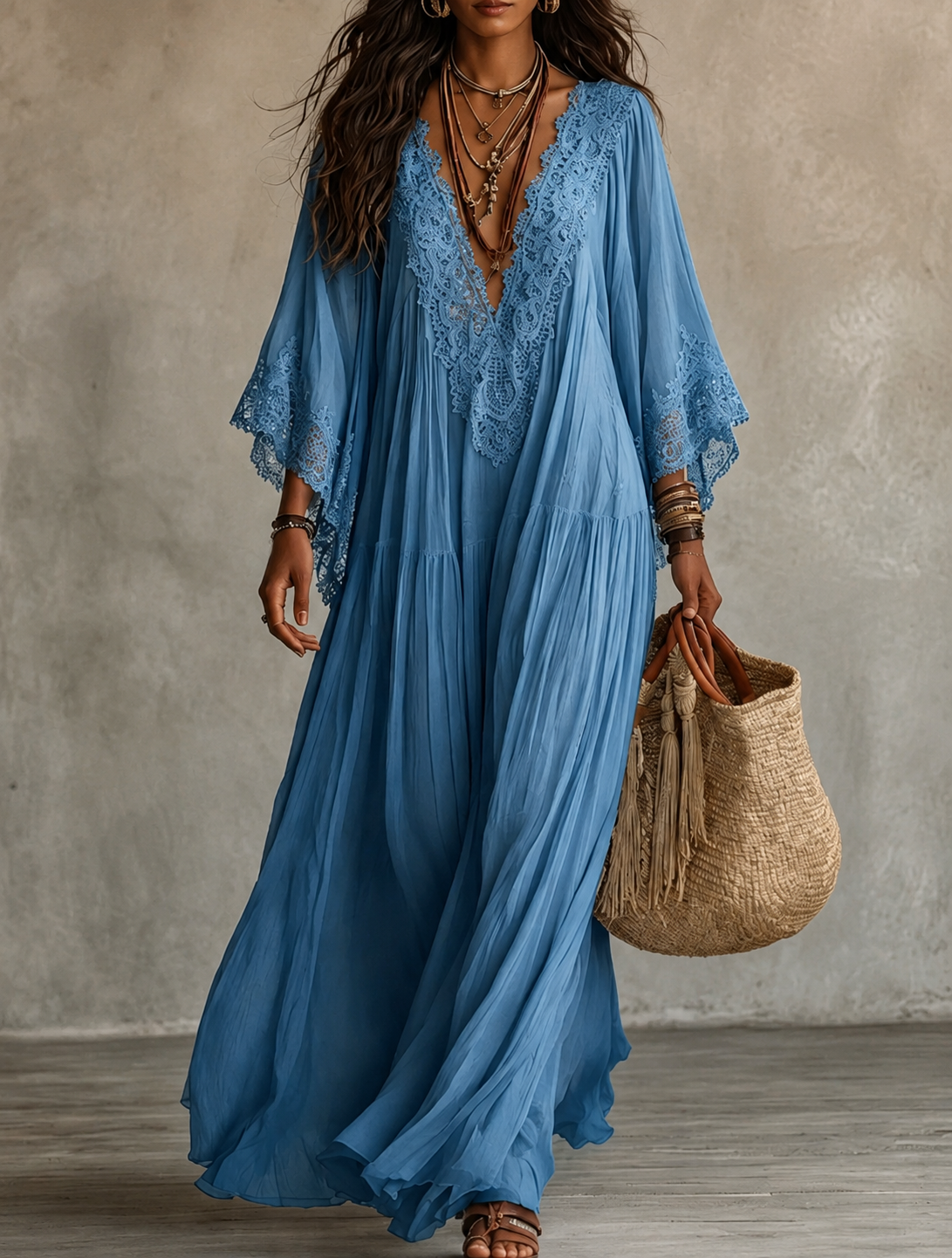 Quintessa | Bohemian Lace V Neck Maxi Dress