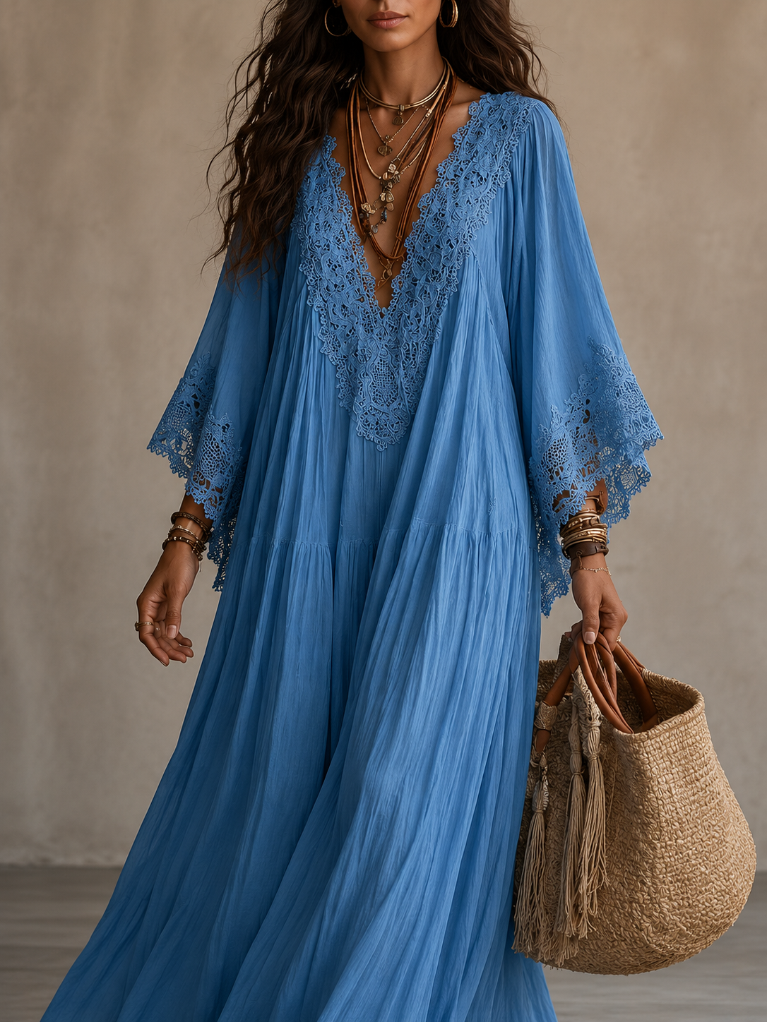 Quintessa | Bohemian Lace V Neck Maxi Dress