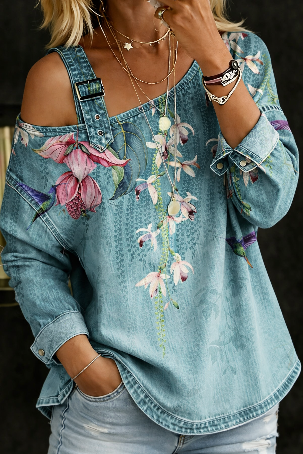 Mavina | Floral Denim Cold Shoulder Blouse